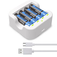 Набор: ЗАРЯД УСТР. + 4 шт Li-Ion БАТАРЕЕК 14500 Hixon 1.5V 2330mAh (3500mWh).: LED индикация; защитой  вх: USB 5V 1A (2A max); вых:5V 500mA*4