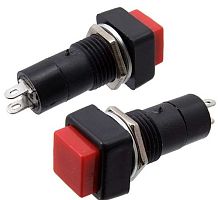 Кнопка квадратная, 2pin, OFF-(ON) без фиксации, AC 220/250V 3.0A, нормально разомкнут, корпус: красный (PBS-12B)