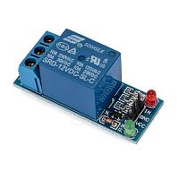 МОДУЛЬ РЕЛЕ на 1 канал 5V с опторазвязкой, управление с помощью высокого/ низк.уровня  TTL сигнала. Более защищ.упр.нагрузкой. Питание: 5V;  Umax комм