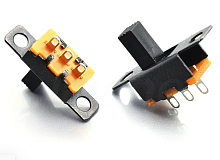 Переключатель движковый (ползунковый) движковый, 3pin, 2 полож., ON-ON с фиксацией, 48V 0.3A, под пайку, 10x5,5x5мм, L=7мм, DIP, толкатель: черный, ко