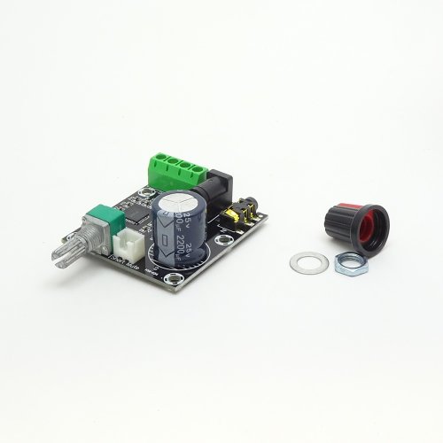 МОДУЛЬ: Аудио Усилитель Цифр, 2-канальн.(15W+15W)  на м/сх PAM8610 Uпит=12V; с регулятором и разъёмами; габар.:48x45мм,  