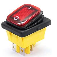 Клавишный переключатель прямоугольный автомобильный, 4pin, 2xON-OFF, 12V 30A, подсв.:красный, 27x22мм, Фланец: 39х28мм, IP65 (KCD4-201-3 FILN, SC-767,