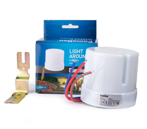 Датчик освещенности Camelion LXP-03  IP44  фотореле   Uac =220V; 15A    3300W Частота: 50-60 Гц  Диапазон освещенности срабатывания: 2-100 Люкс 